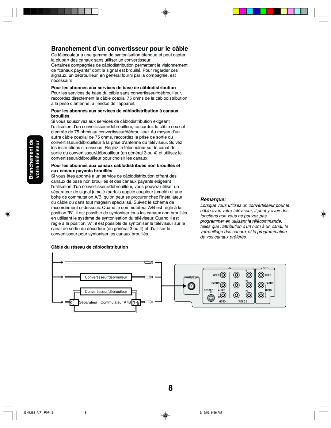 Toshiba 27AF46C appendix Branchement d’un convertisseur pour le câble, La prise d’antenne, à l’endos de l’appareil 