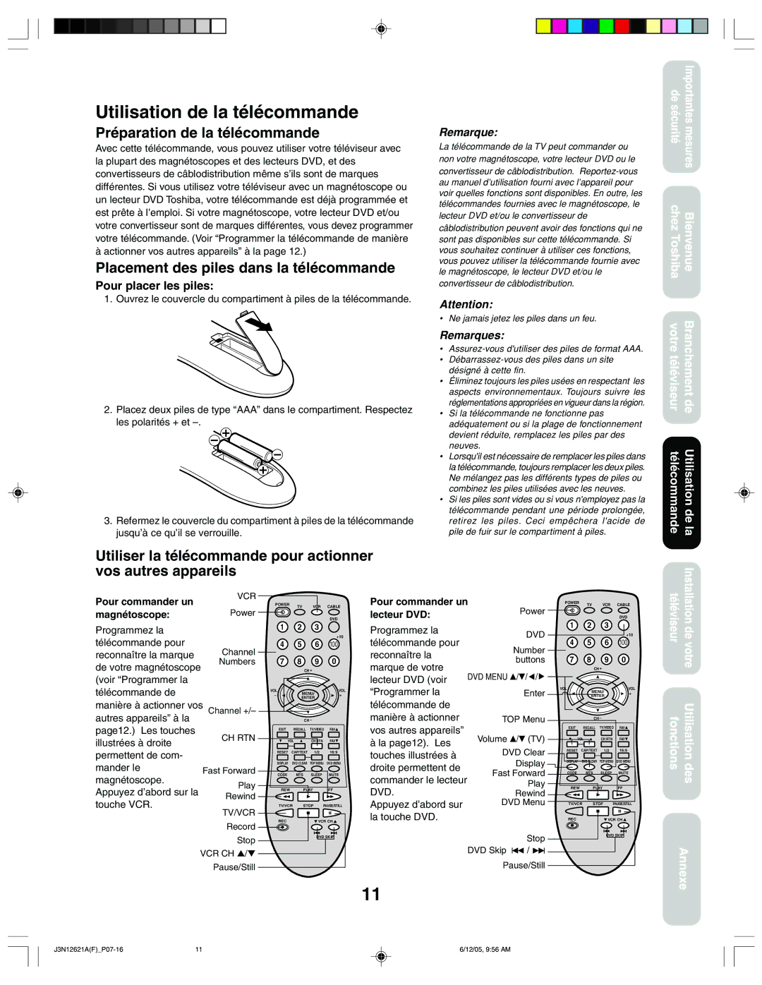 Toshiba 27AF46C Utilisation de la télécommande, Préparation de la télécommande, Placement des piles dans la télécommande 