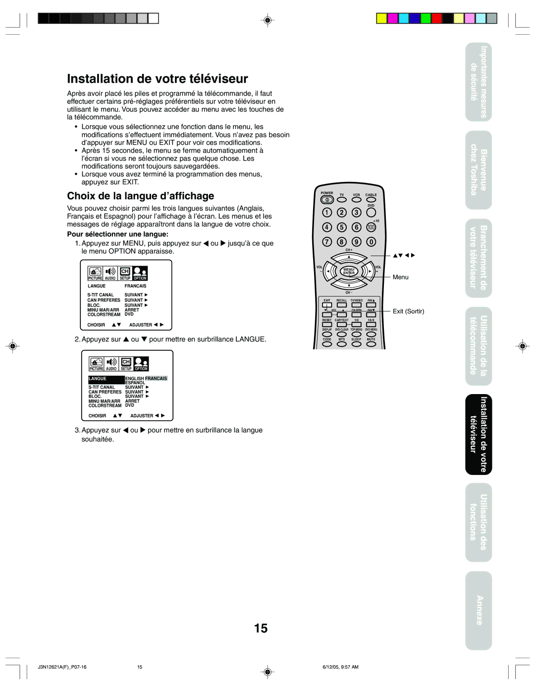 Toshiba 27AF46C appendix Installation de votre téléviseur, Choix de la langue d’affichage, Pour sélectionner une langue 