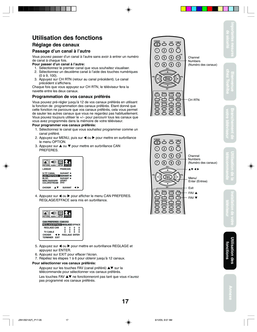 Toshiba 27AF46C appendix Utilisation des fonctions, Réglage des canaux, Passage d’un canal à l’autre 