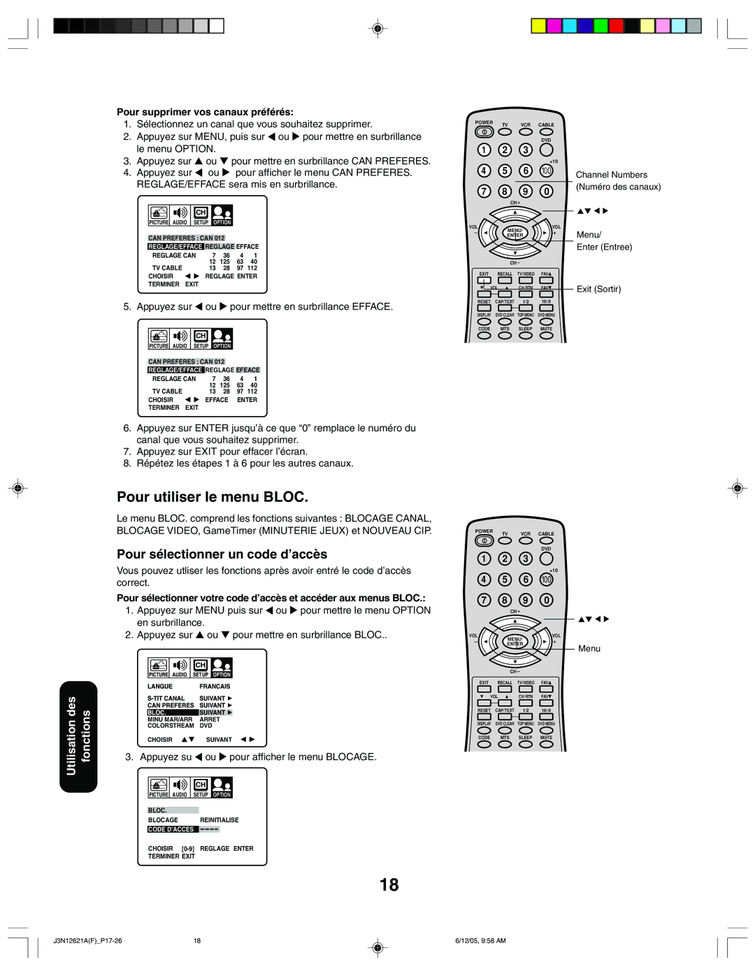 Toshiba 27AF46C appendix Pour utiliser le menu Bloc, Pour sélectionner un code d’accès, Pour supprimer vos canaux préférés 