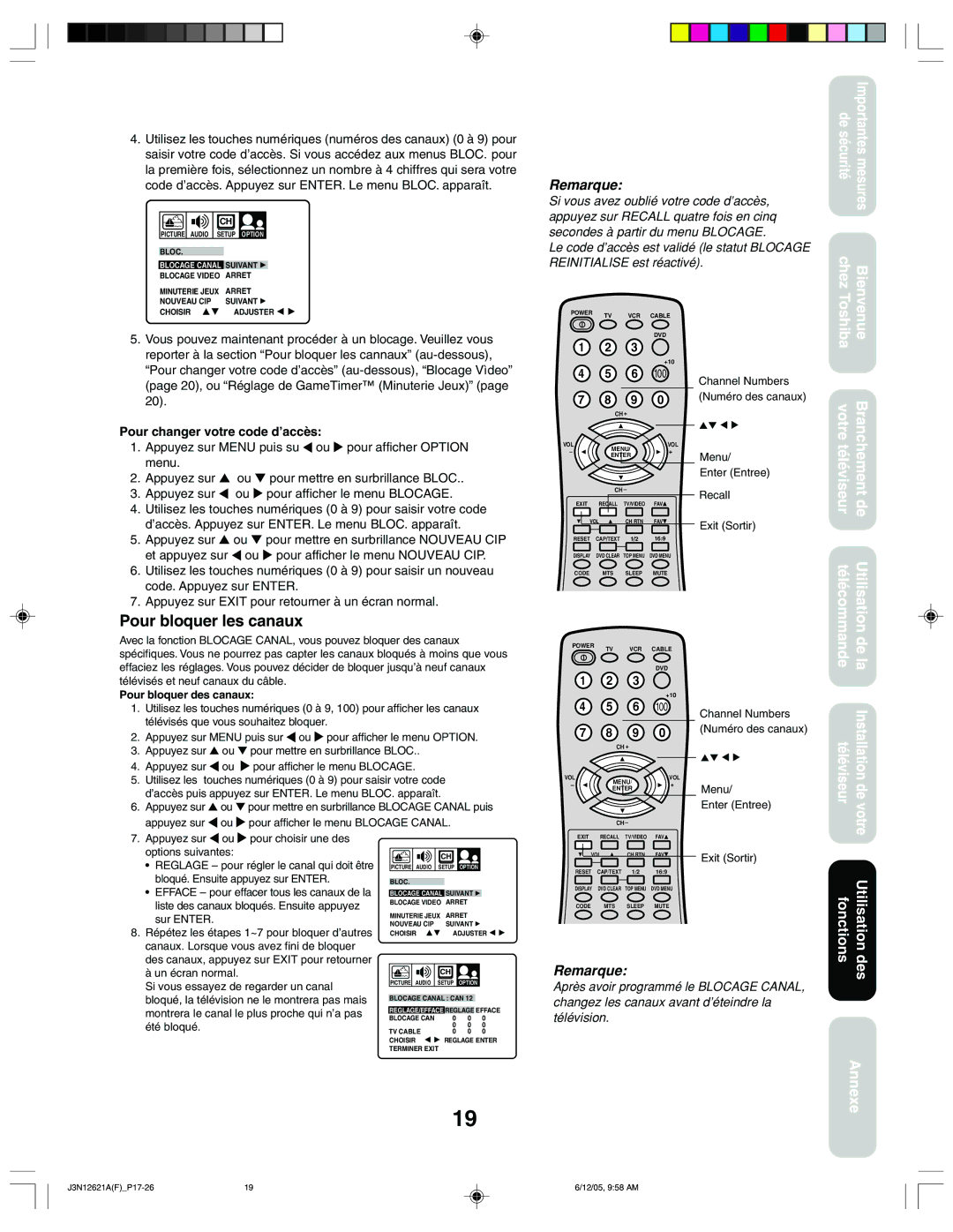 Toshiba 27AF46C appendix Pour bloquer les canaux, Pour changer votre code d’accès 