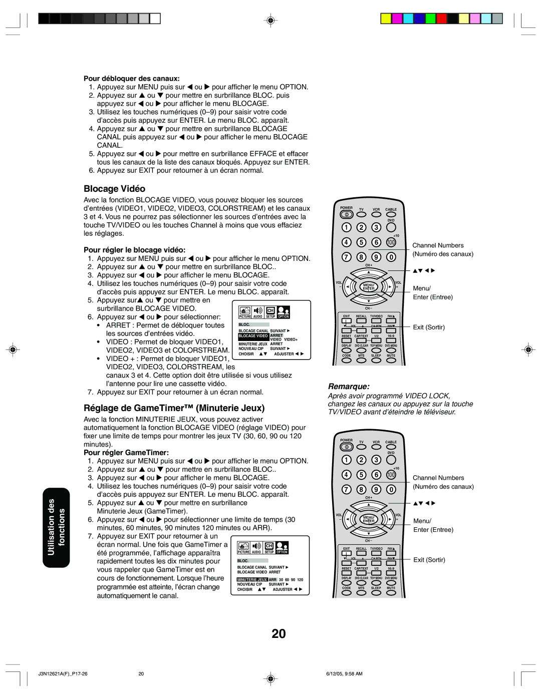 Toshiba 27AF46C appendix Blocage Vidéo, Réglage de GameTimer Minuterie Jeux 