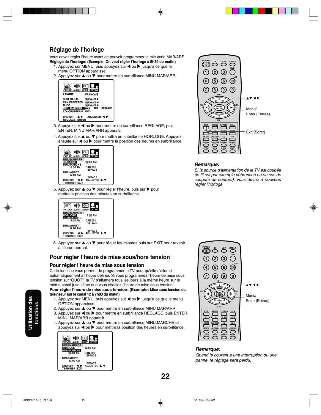 Toshiba 27AF46C appendix Réglage de l’horloge, Pour régler l’heure de mise sous/hors tension 