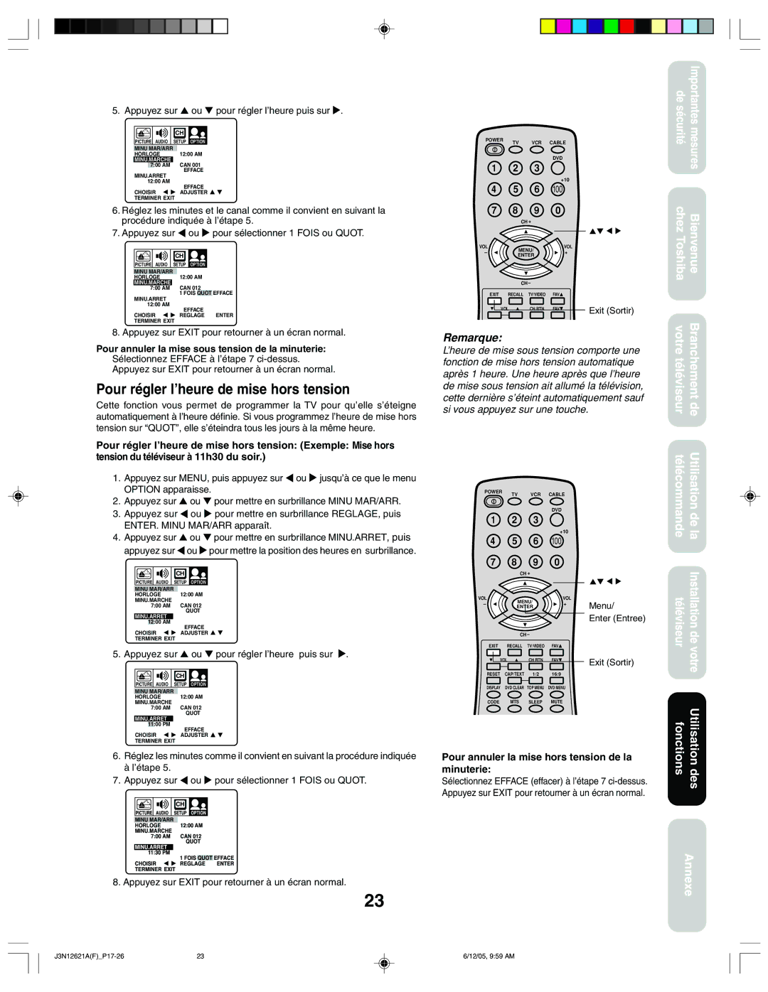 Toshiba 27AF46C appendix Pour régler l’heure de mise hors tension, Pour annuler la mise hors tension de la minuterie 