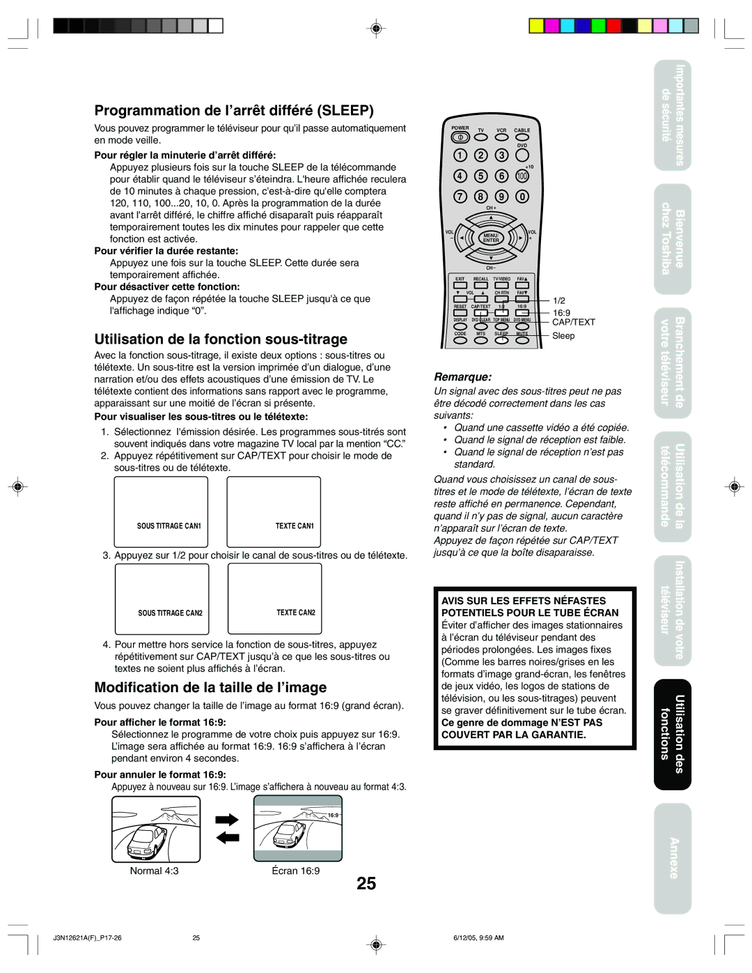 Toshiba 27AF46C appendix Programmation de l’arrêt différé Sleep, Utilisation de la fonction sous-titrage 