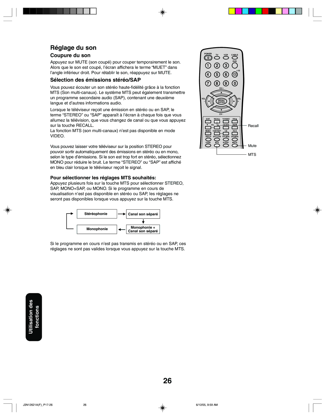 Toshiba 27AF46C appendix Réglage du son, Coupure du son, Sélection des émissions stéréo/SAP 