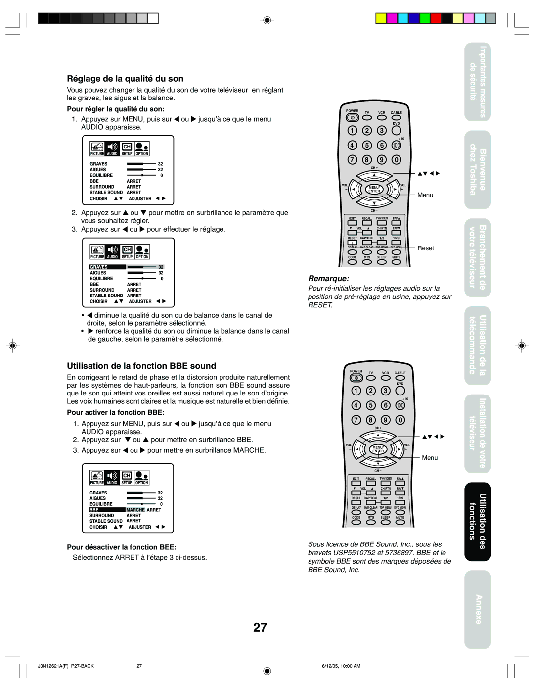 Toshiba 27AF46C appendix Réglage de la qualité du son, Utilisation de la fonction BBE sound, Pour régler la qualité du son 