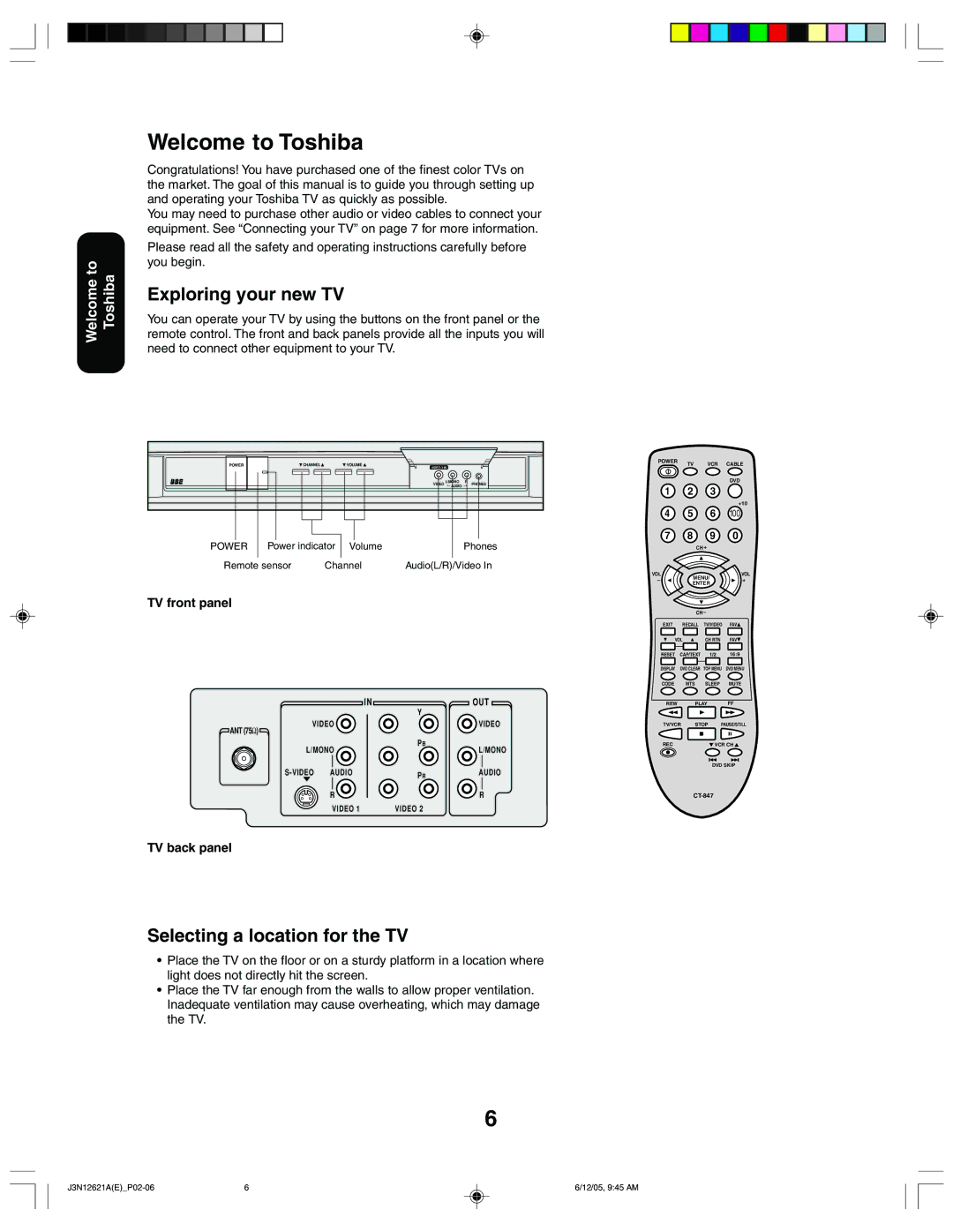 Toshiba 27AF46C Welcome to Toshiba, Exploring your new TV, Selecting a location for the TV, TV front panel, TV back panel 