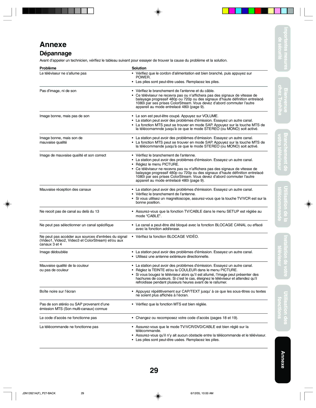 Toshiba 27AF46C appendix Annexe, Dépannage 
