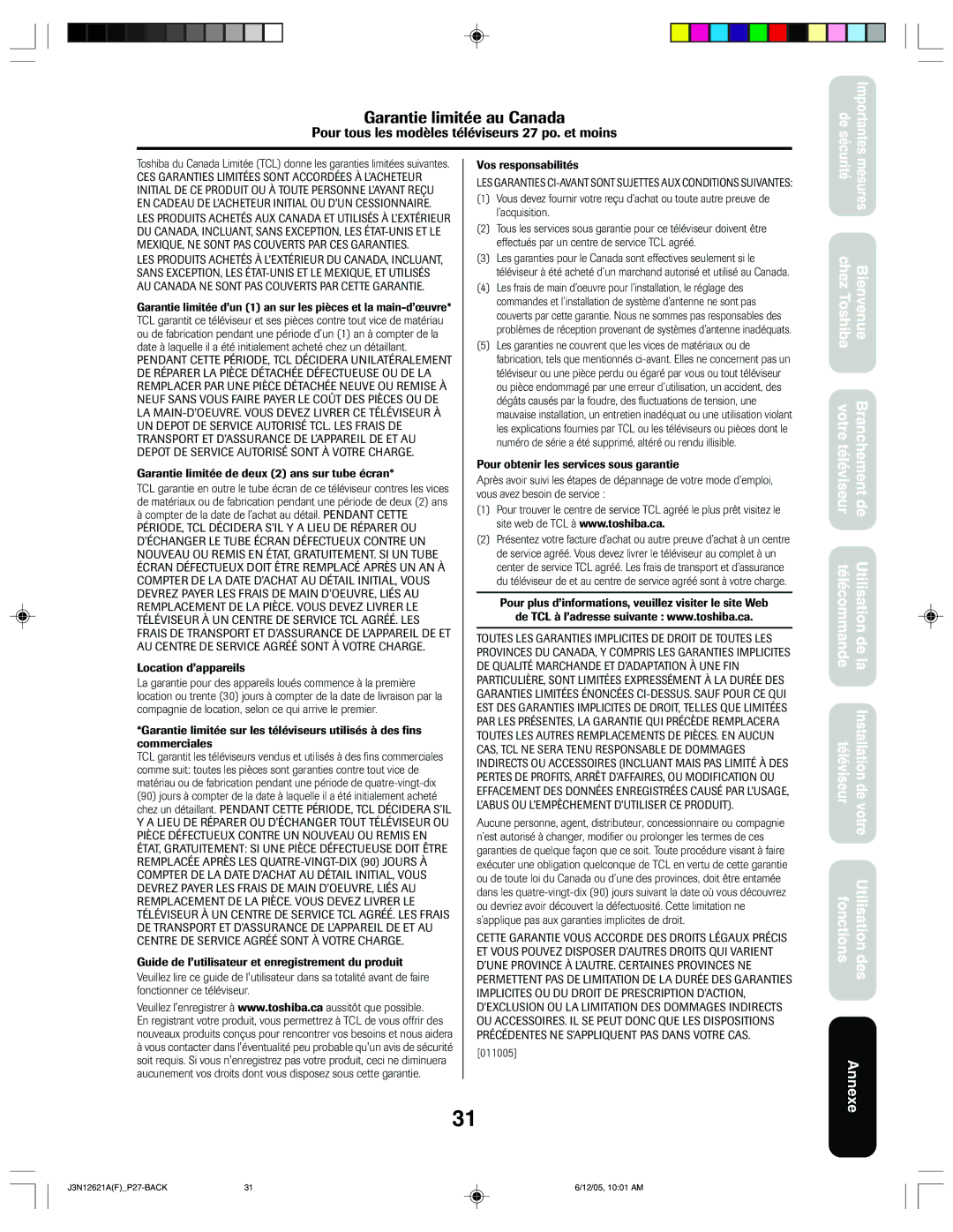 Toshiba 27AF46C appendix Garantie limitée au Canada 