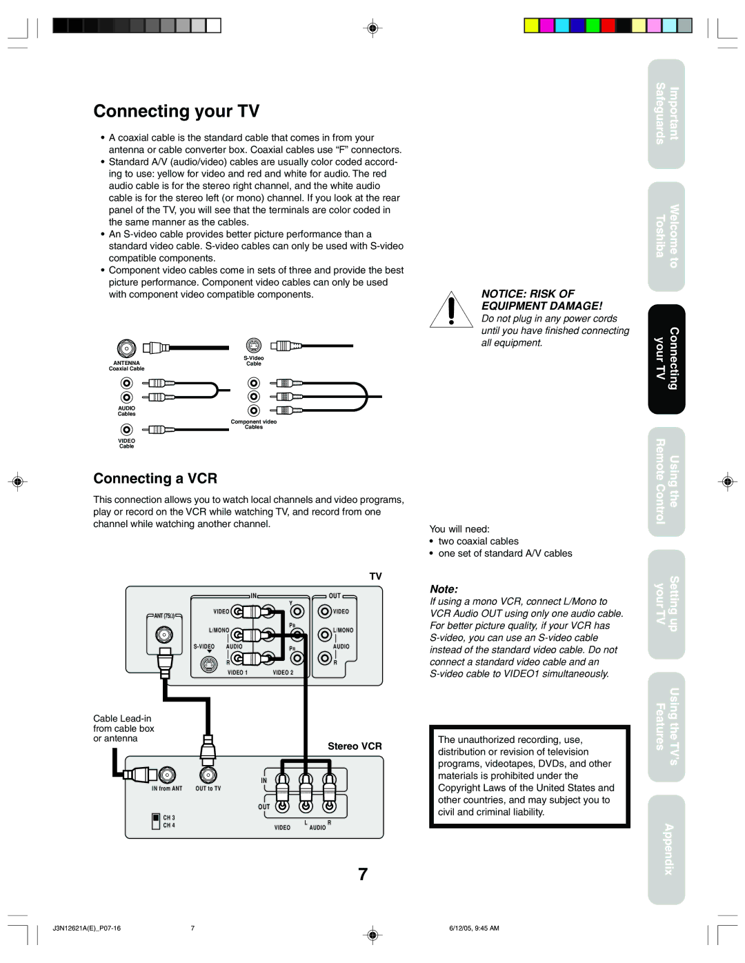 Toshiba 27AF46C appendix Connecting your TV, Connecting a VCR, Stereo VCR 