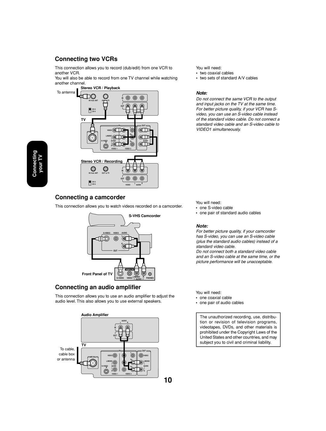 Toshiba 27AF53 appendix Connecting two VCRs, Connecting a camcorder, Connecting an audio amplifier 