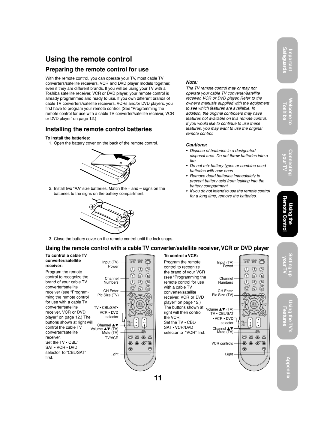 Toshiba 27AF53 Using the remote control, Preparing the remote control for use, Installing the remote control batteries 