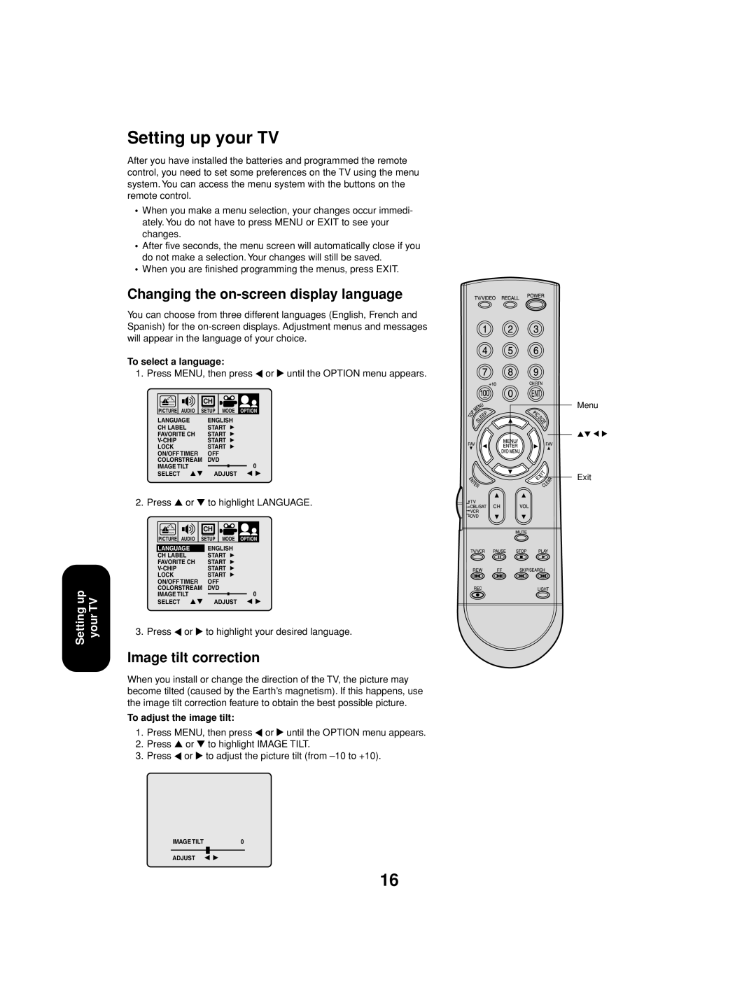 Toshiba 27AF53 appendix Setting up your TV, Changing the on-screen display language, Image tilt correction 