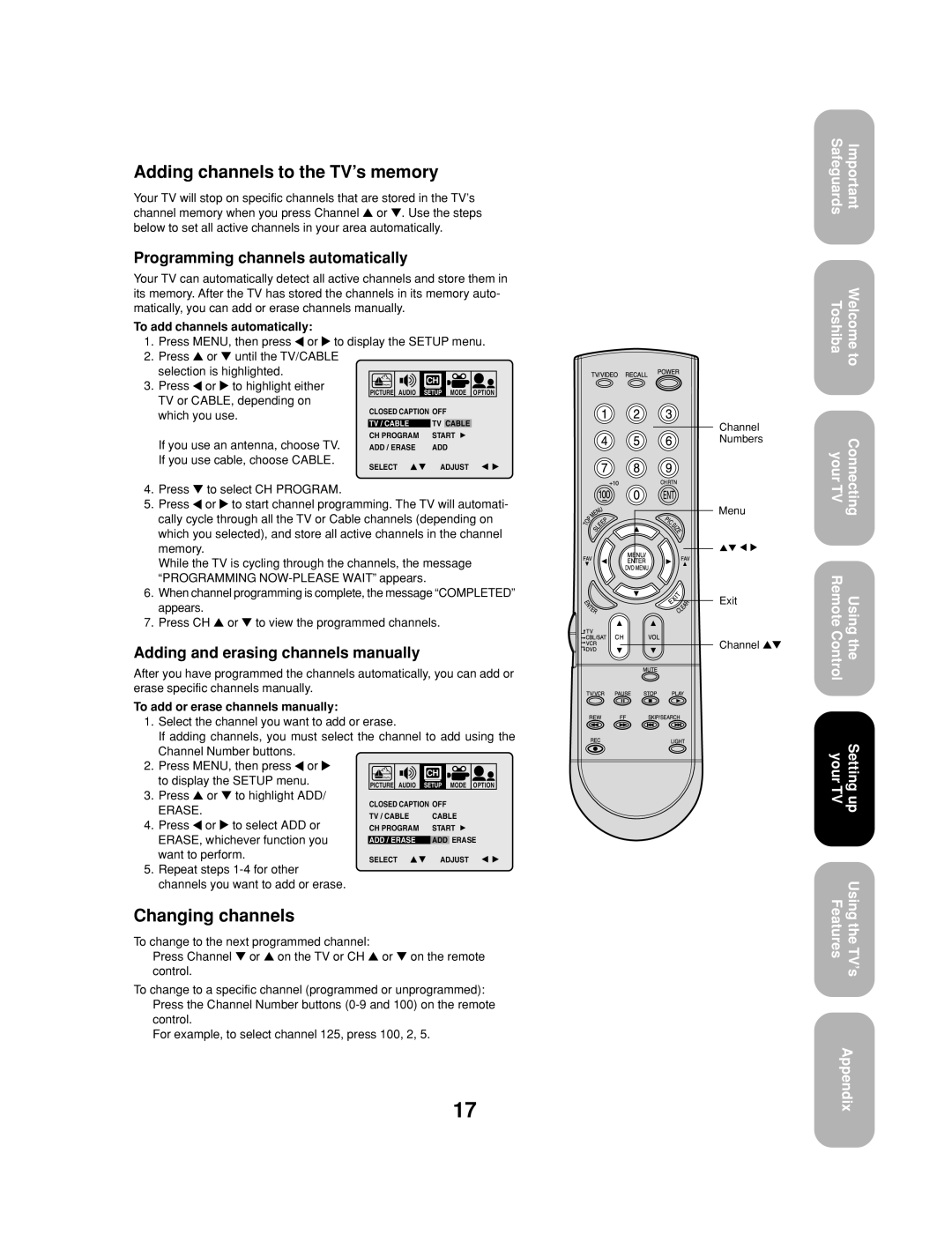Toshiba 27AF53 appendix Adding channels to the TV’s memory, Changing channels, Programming channels automatically 