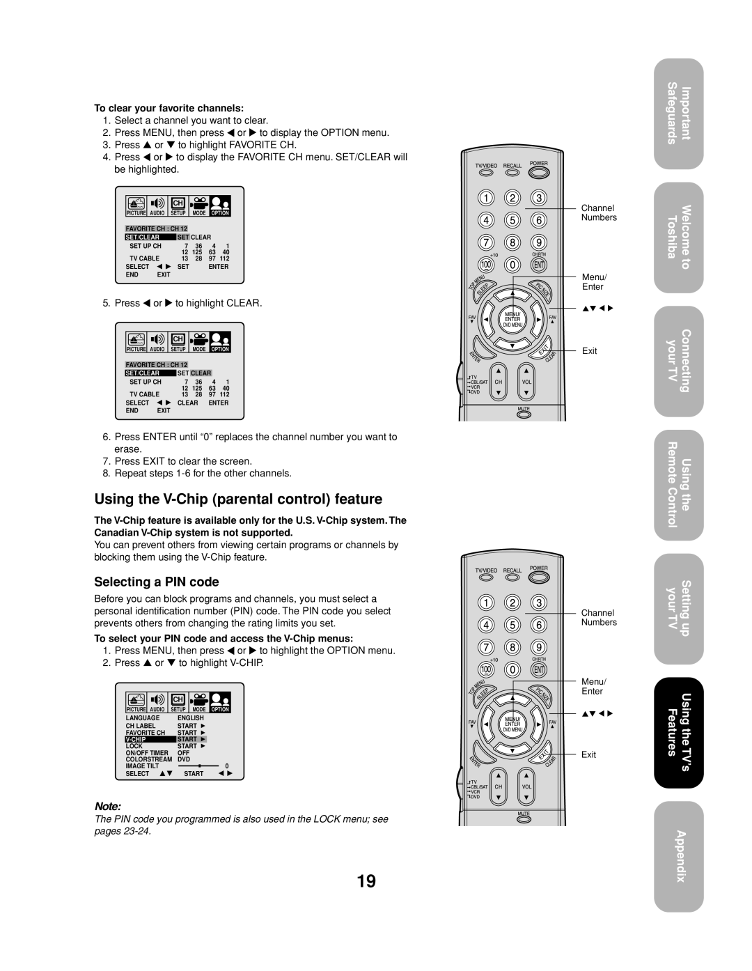 Toshiba 27AF53 appendix Using the V-Chip parental control feature, Selecting a PIN code, To clear your favorite channels 