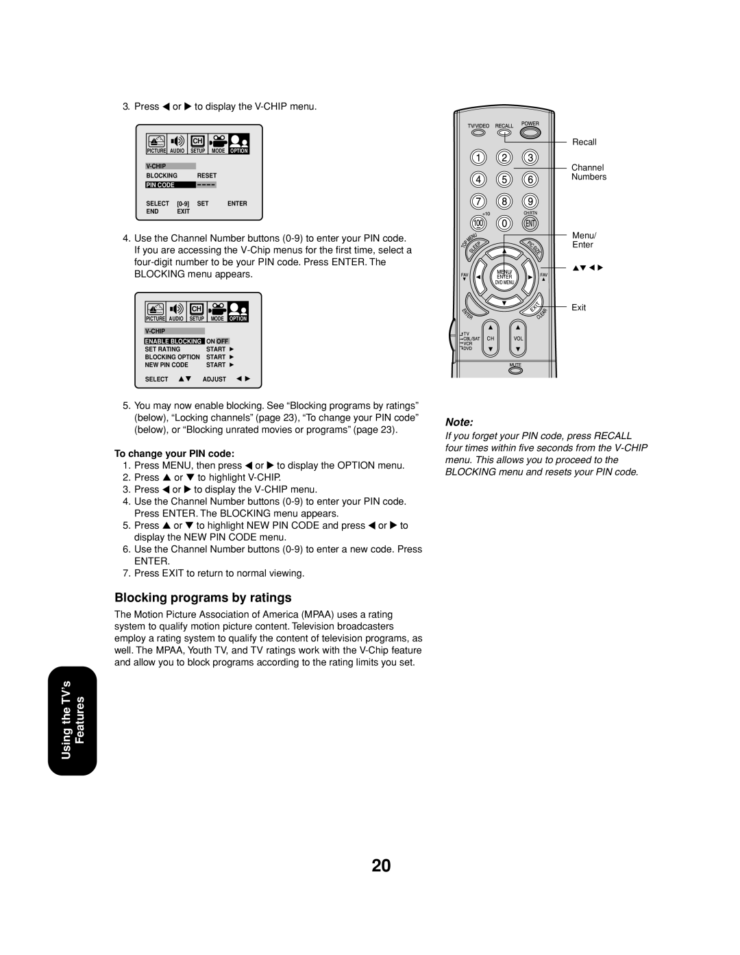 Toshiba 27AF53 appendix Blocking programs by ratings, Press or to display the V-CHIP menu, To change your PIN code 