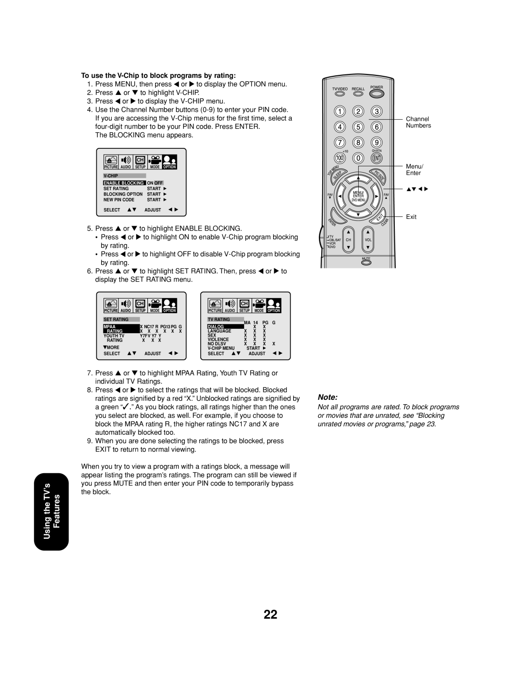 Toshiba 27AF53 appendix To use the V-Chip to block programs by rating, Four-digit number to be your PIN code. Press Enter 