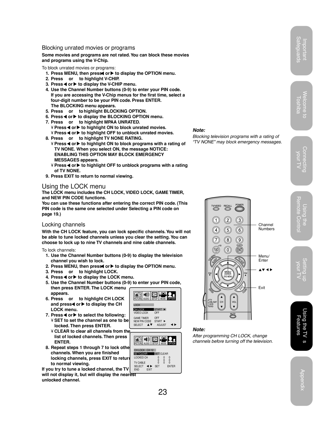 Toshiba 27AF53 appendix Using the Lock menu, Blocking unrated movies or programs, Locking channels 