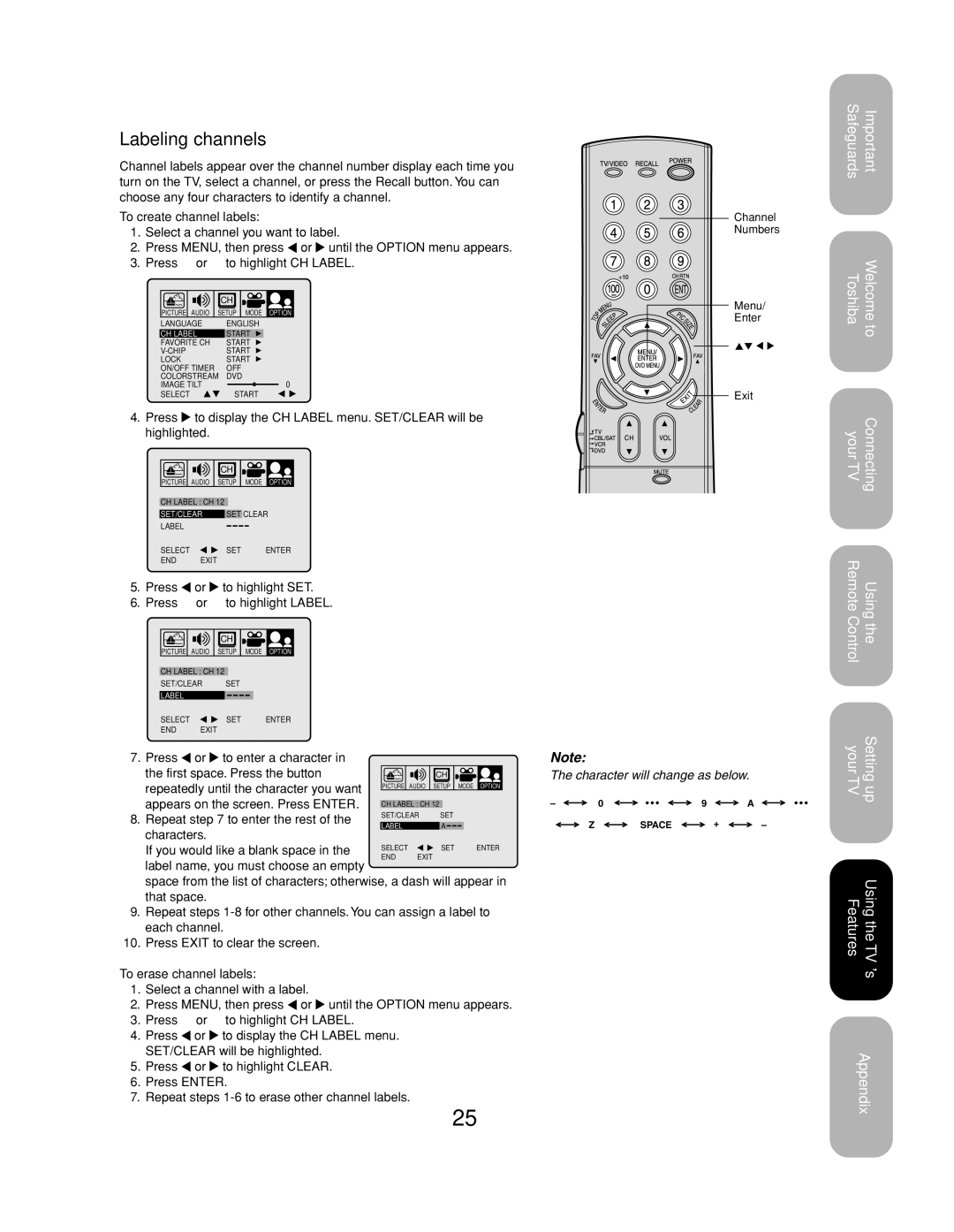 Toshiba 27AF53 appendix Labeling channels, To create channel labels, Repeat to enter the rest, To erase channel labels 