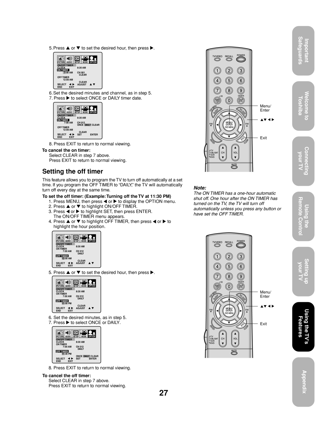 Toshiba 27AF53 appendix Setting the off timer, Press or to set the desired hour, then press, To cancel the on timer 