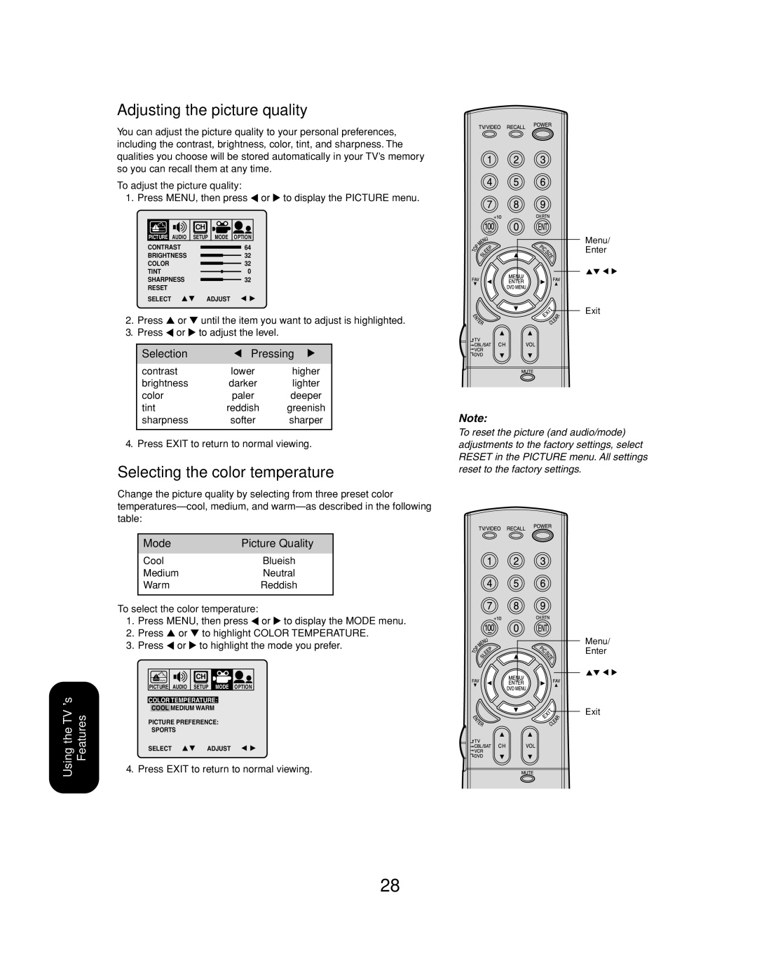 Toshiba 27AF53 appendix To adjust the picture quality, To select the color temperature 
