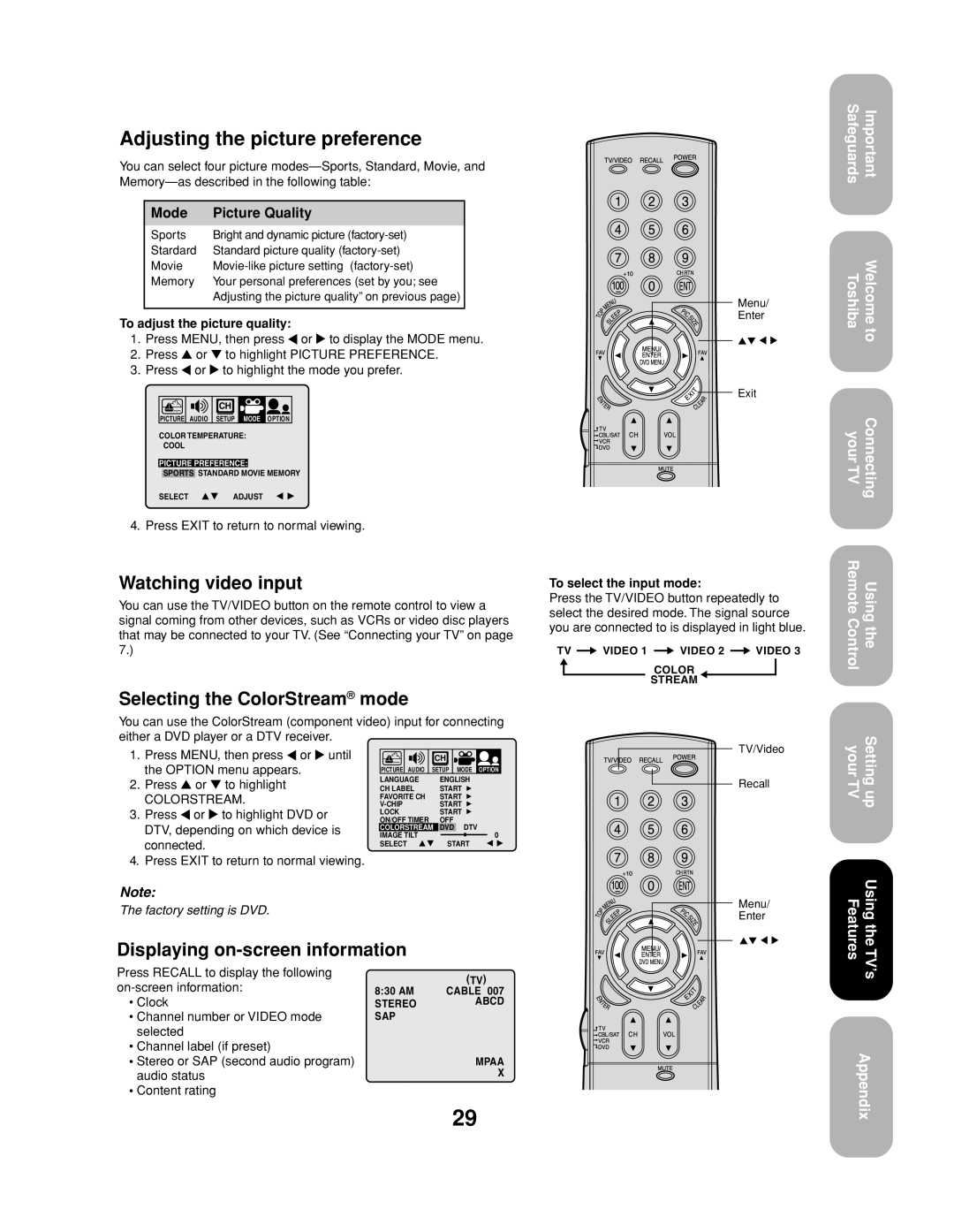 Toshiba 27AF53 appendix Watching video input, Selecting the ColorStream mode, Displaying on-screen information 