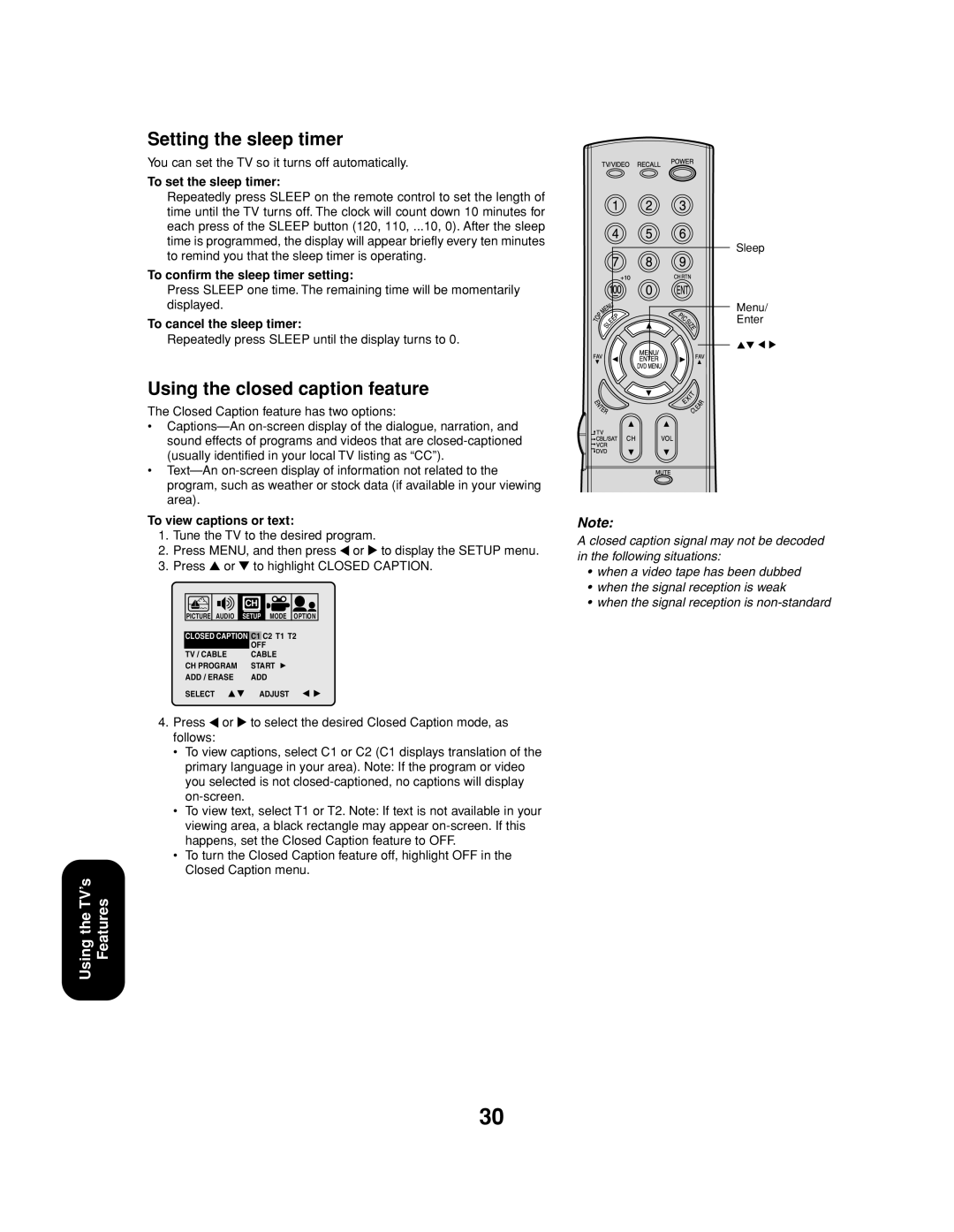 Toshiba 27AF53 appendix Setting the sleep timer, Using the closed caption feature 