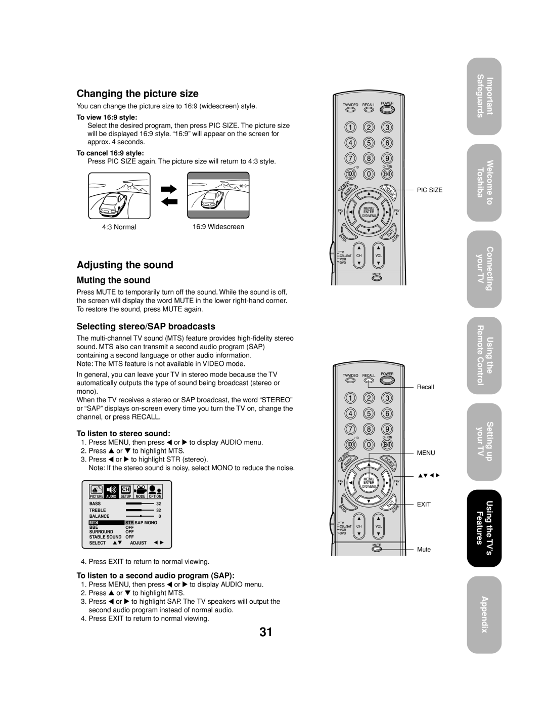 Toshiba 27AF53 appendix Changing the picture size, Adjusting the sound, Muting the sound, Selecting stereo/SAP broadcasts 
