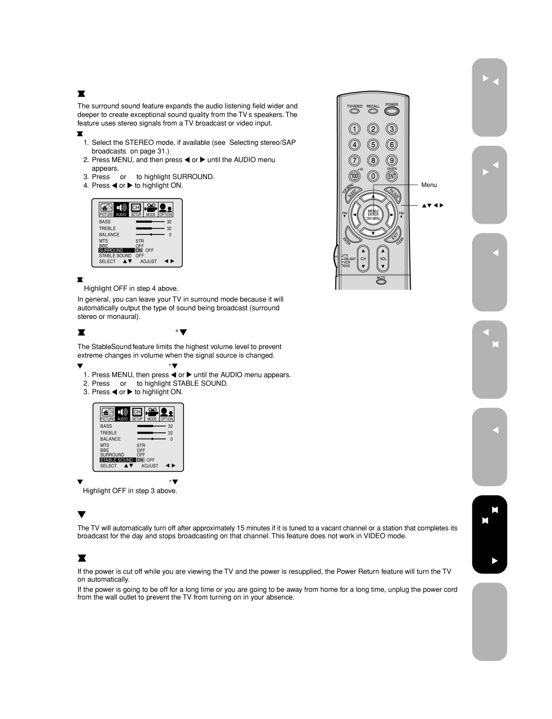 Toshiba 27AF53 appendix Auto power off, Understanding the Power Return feature, Using the surround sound feature 