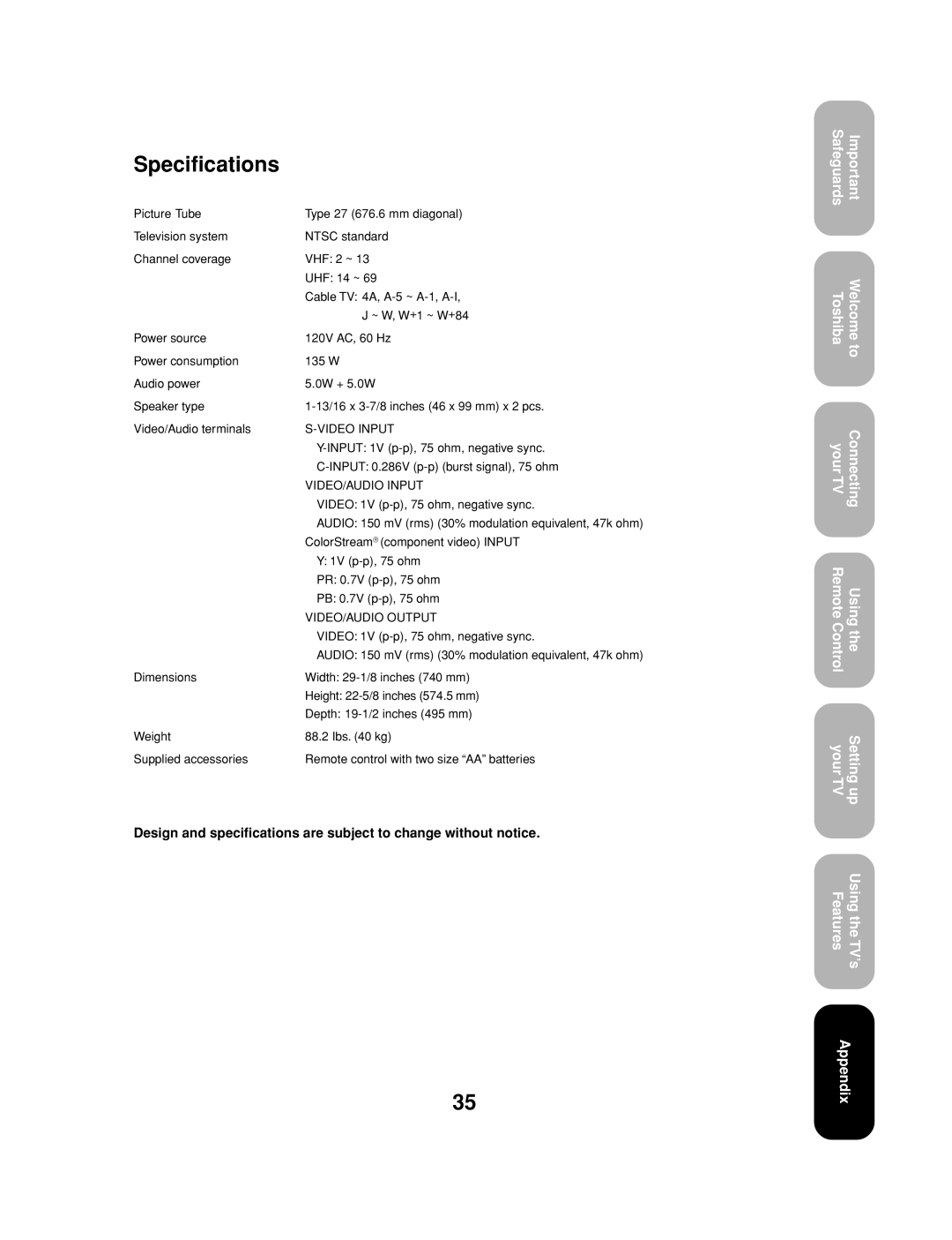 Toshiba 27AF53 appendix Specifications 