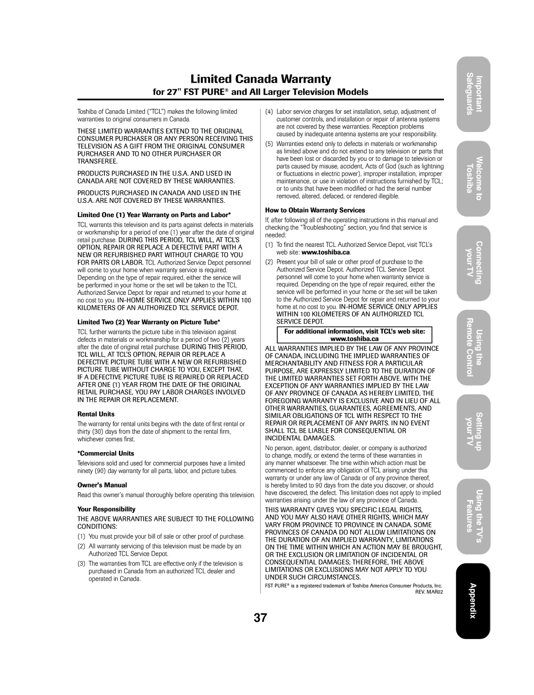 Toshiba 27AF53 appendix Limited Canada Warranty 