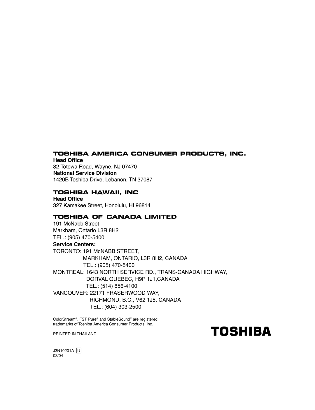 Toshiba 27AF53 appendix National Service Division 