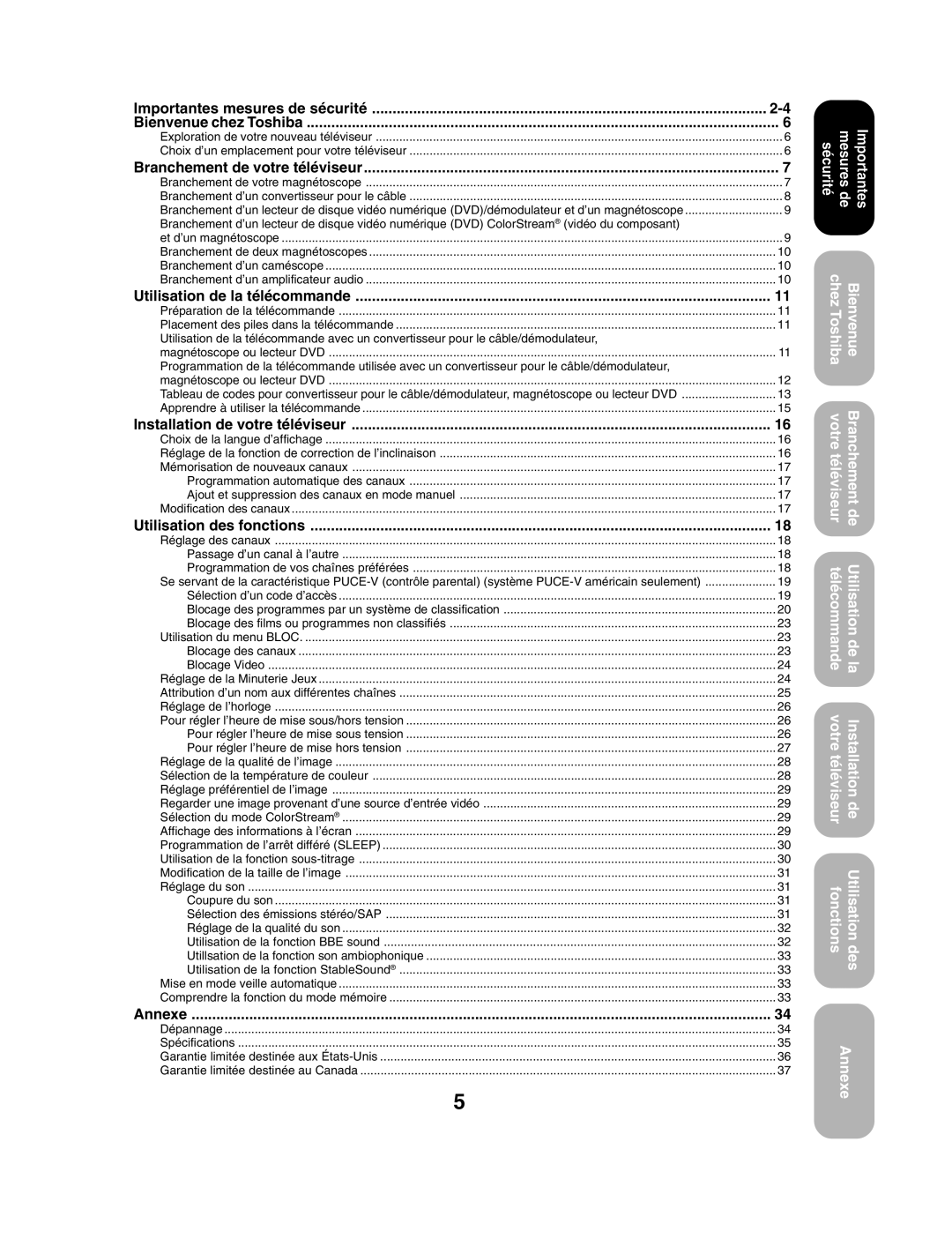 Toshiba 27AF53 Importantes mesures de sécurité, Utilisation de la télécommande, Installation de votre téléviseur, Annexe 