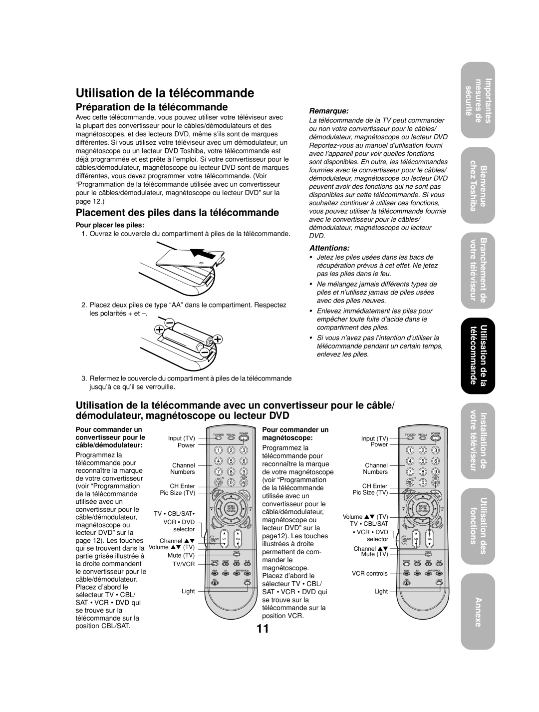 Toshiba 27AF53 Utilisation de la télécommande, Préparation de la télécommande, Placement des piles dans la télécommande 