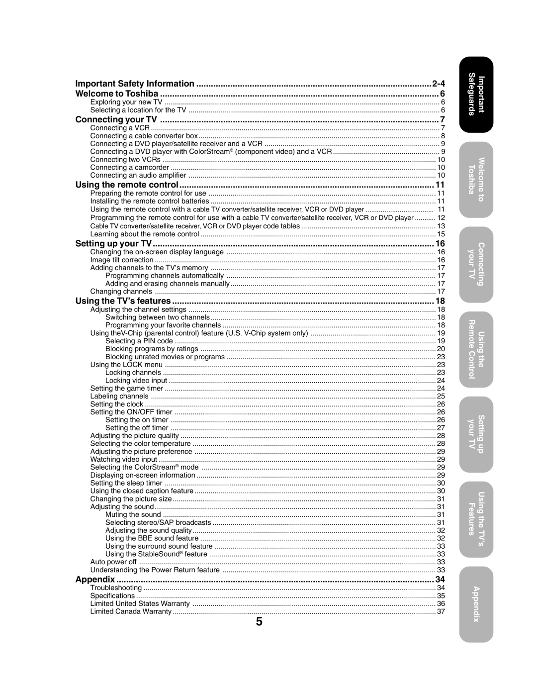 Toshiba 27AF53 Important Safety Information Welcome to Toshiba, Connecting your TV, Using the remote control, Appendix 