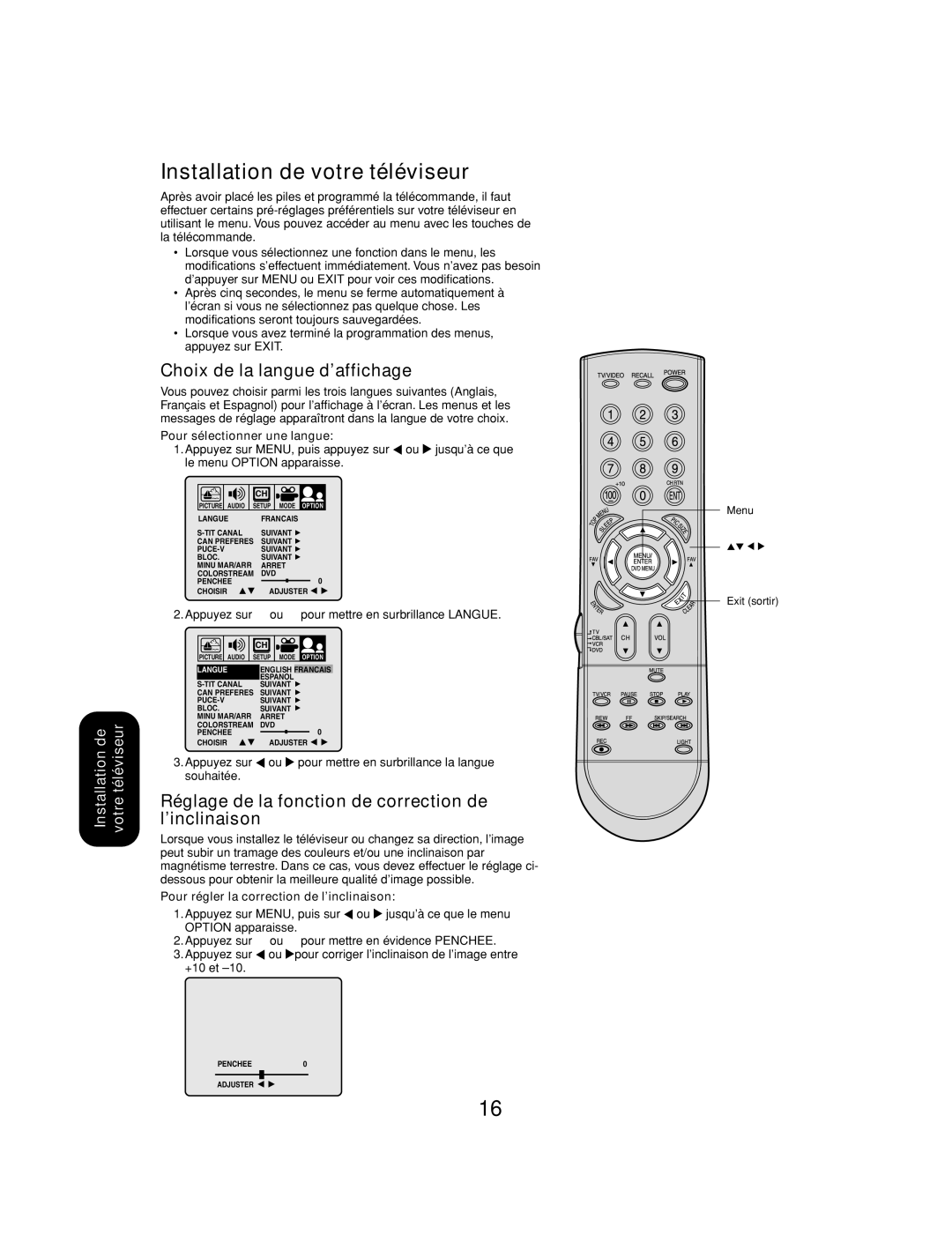 Toshiba 27AF53 Installation de votre téléviseur, Choix de la langue d’affichage, Réglage de la fonction de correction de 