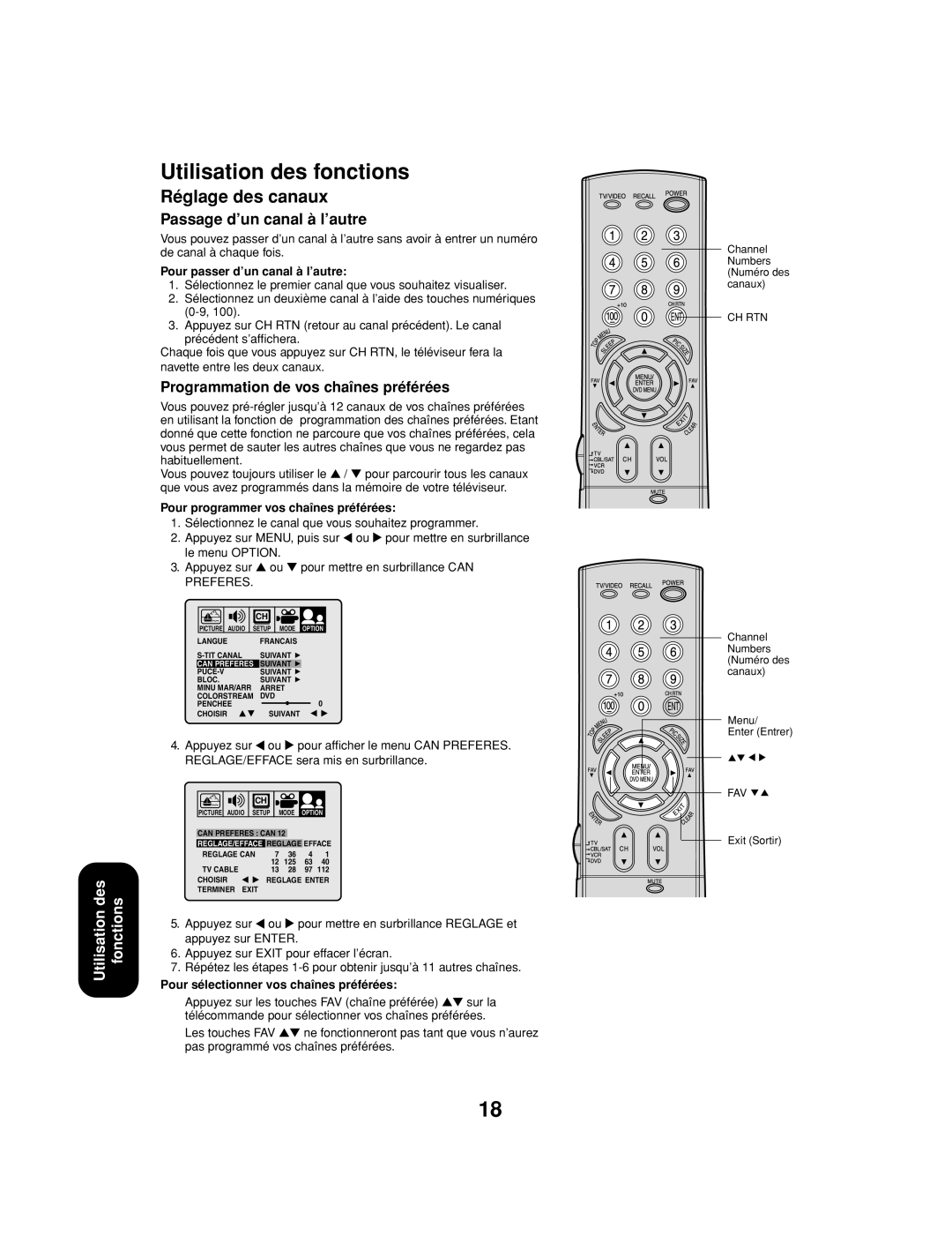 Toshiba 27AF53 appendix Utilisation des fonctions, Réglage des canaux, Passage d’un canal à l’autre 