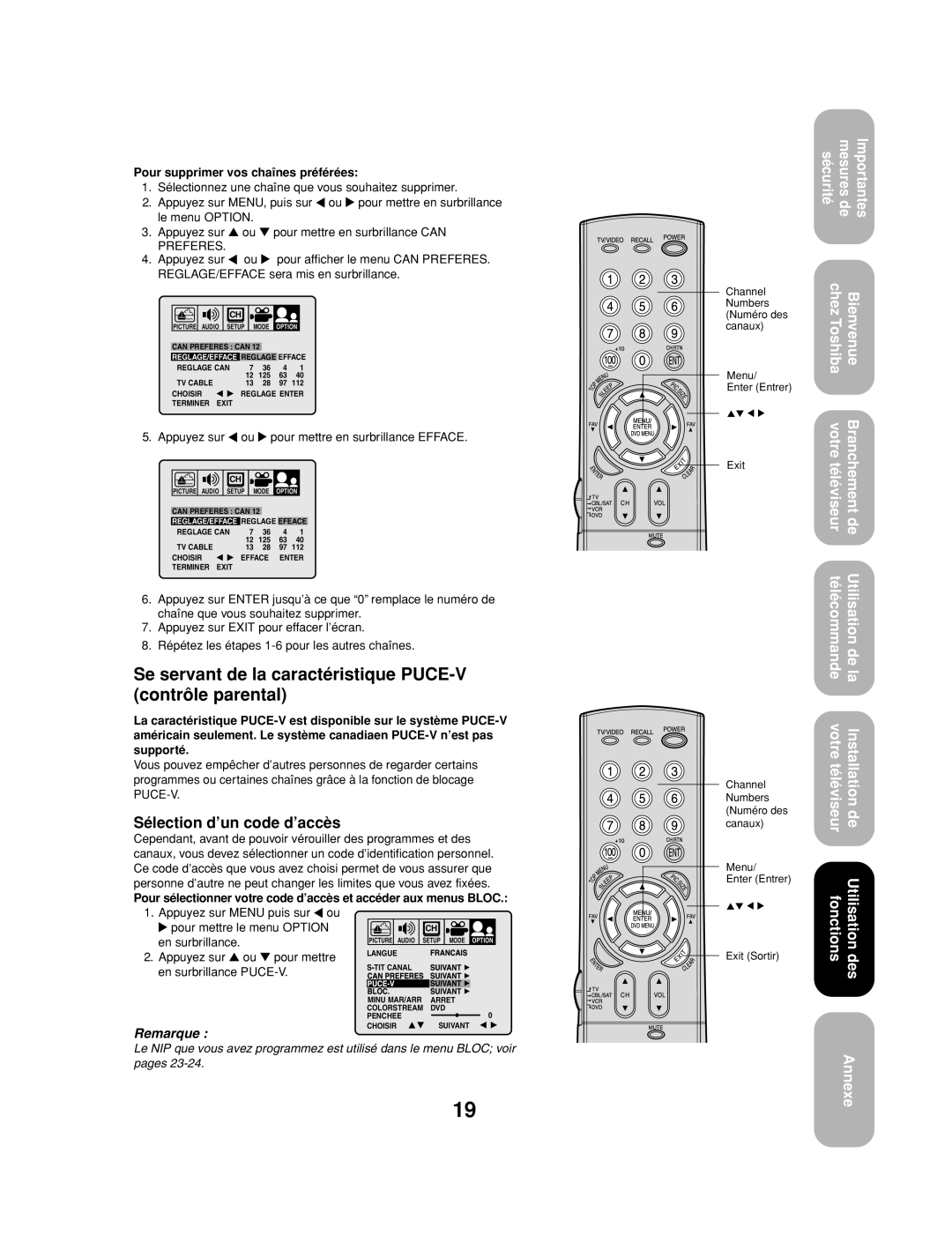 Toshiba 27AF53 appendix Se servant de la caractéristique PUCE-V contrôle parental, Sélection d’un code d’accès 