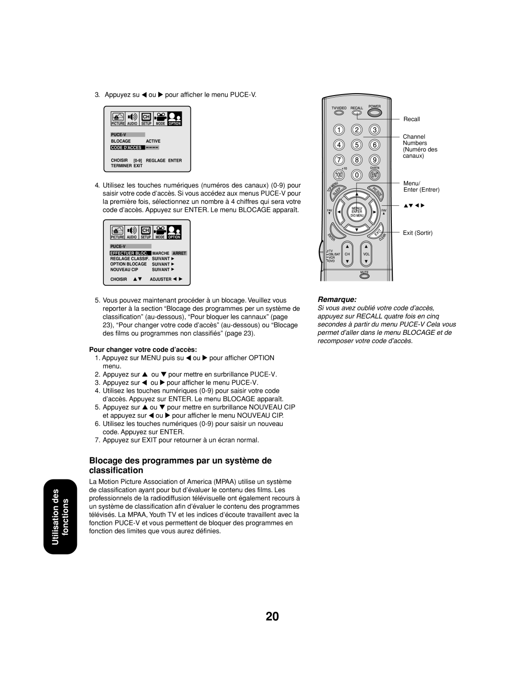 Toshiba 27AF53 appendix Blocage des programmes par un système de classification, Appuyez su ou pour afficher le menu PUCE-V 