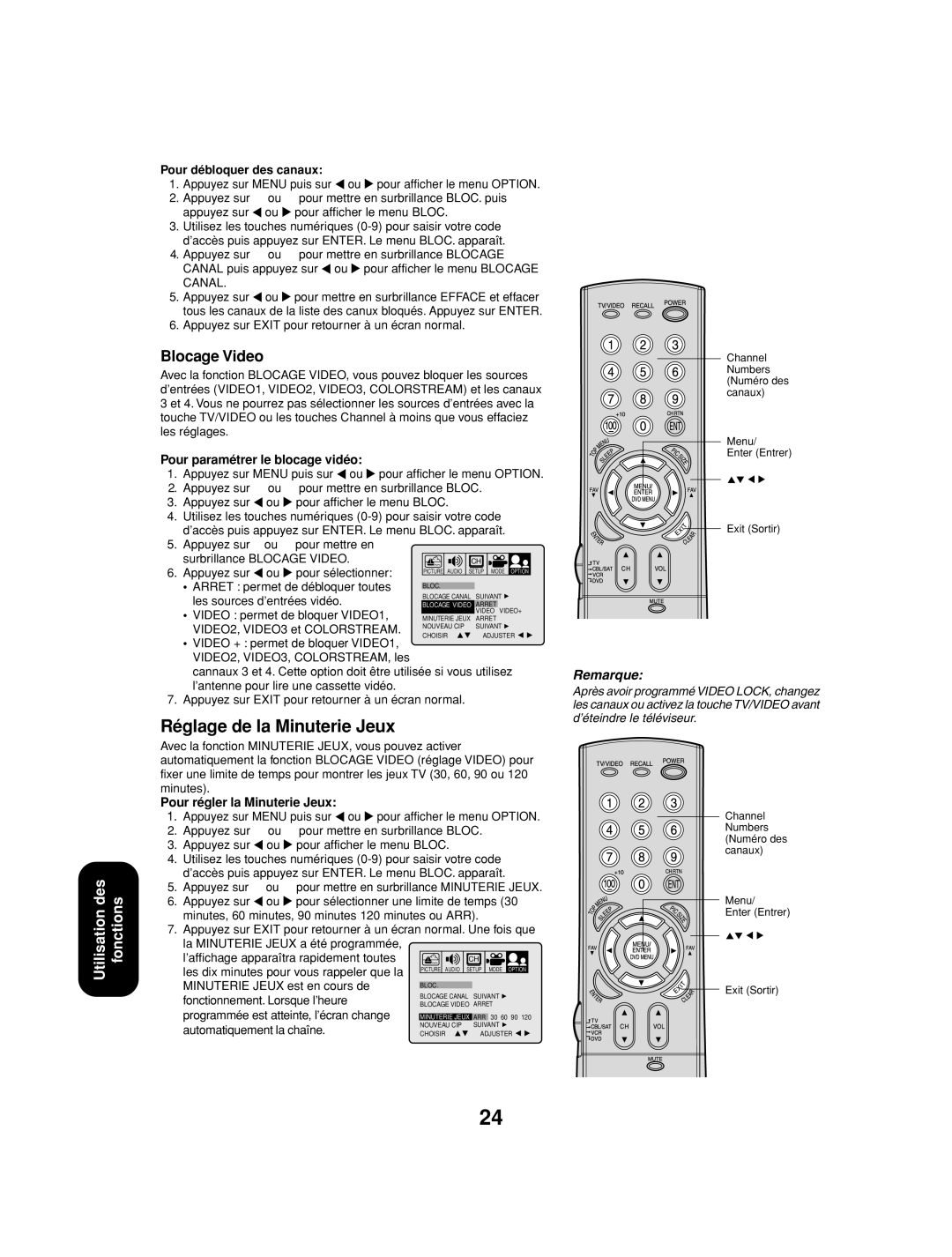 Toshiba 27AF53 appendix Réglage de la Minuterie Jeux, Blocage Video 