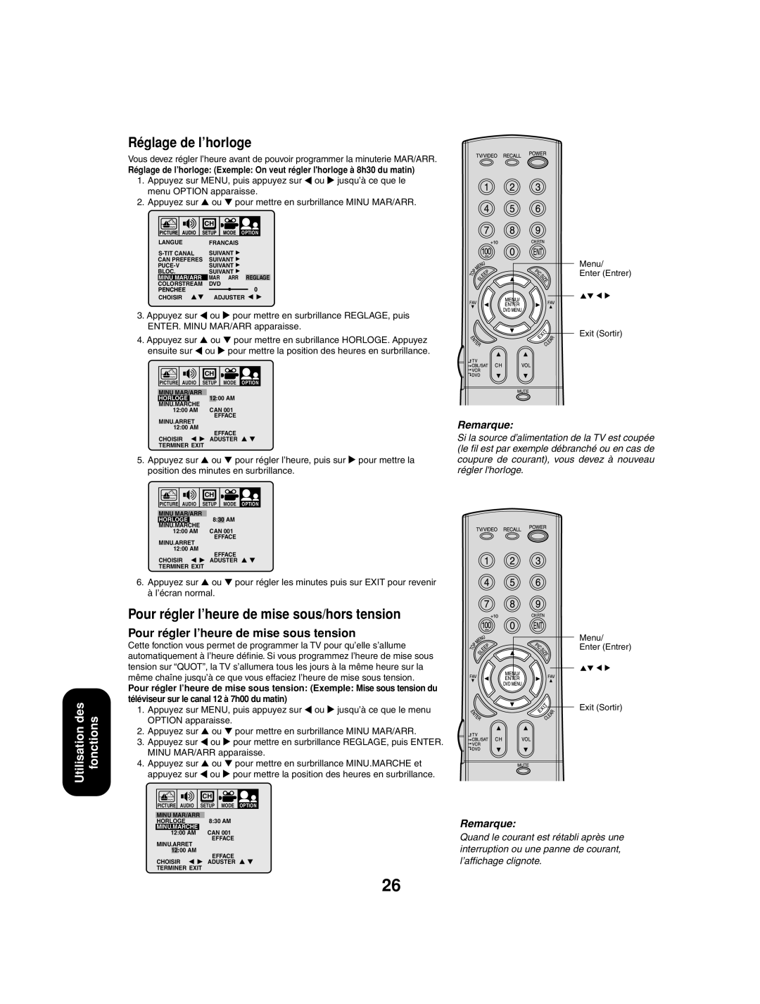 Toshiba 27AF53 appendix Réglage de l’horloge, Pour régler l’heure de mise sous/hors tension 