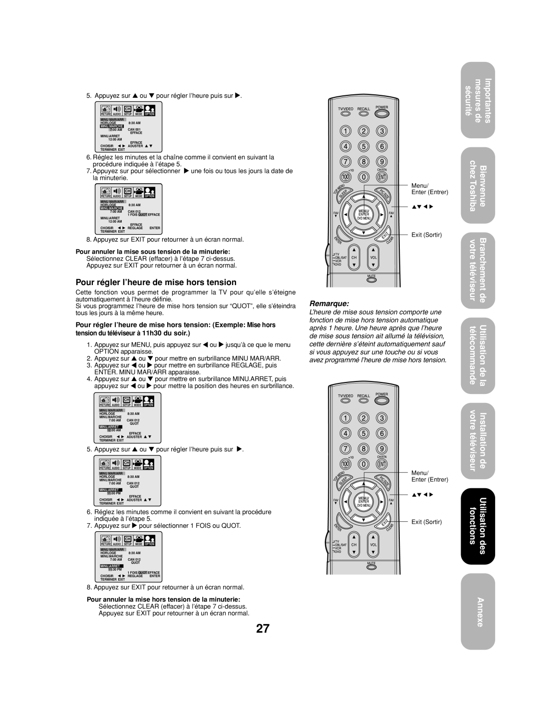 Toshiba 27AF53 appendix Pour régler l’heure de mise hors tension, Appuyez sur ou pour régler l’heure puis sur 