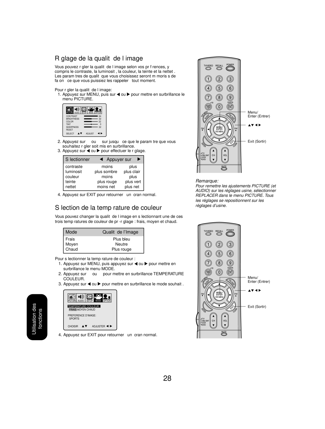 Toshiba 27AF53 appendix Pour régler la qualité de l’image, Pour sélectionner la température de couleur 