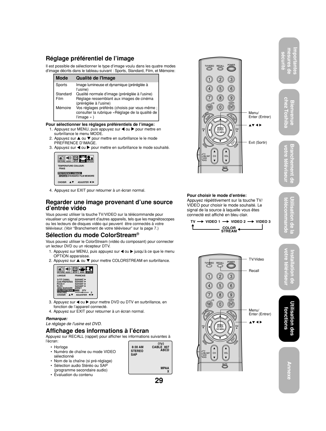 Toshiba 27AF53 appendix Réglage préférentiel de l’image, Regarder une image provenant d’une source d’entrée vidéo 