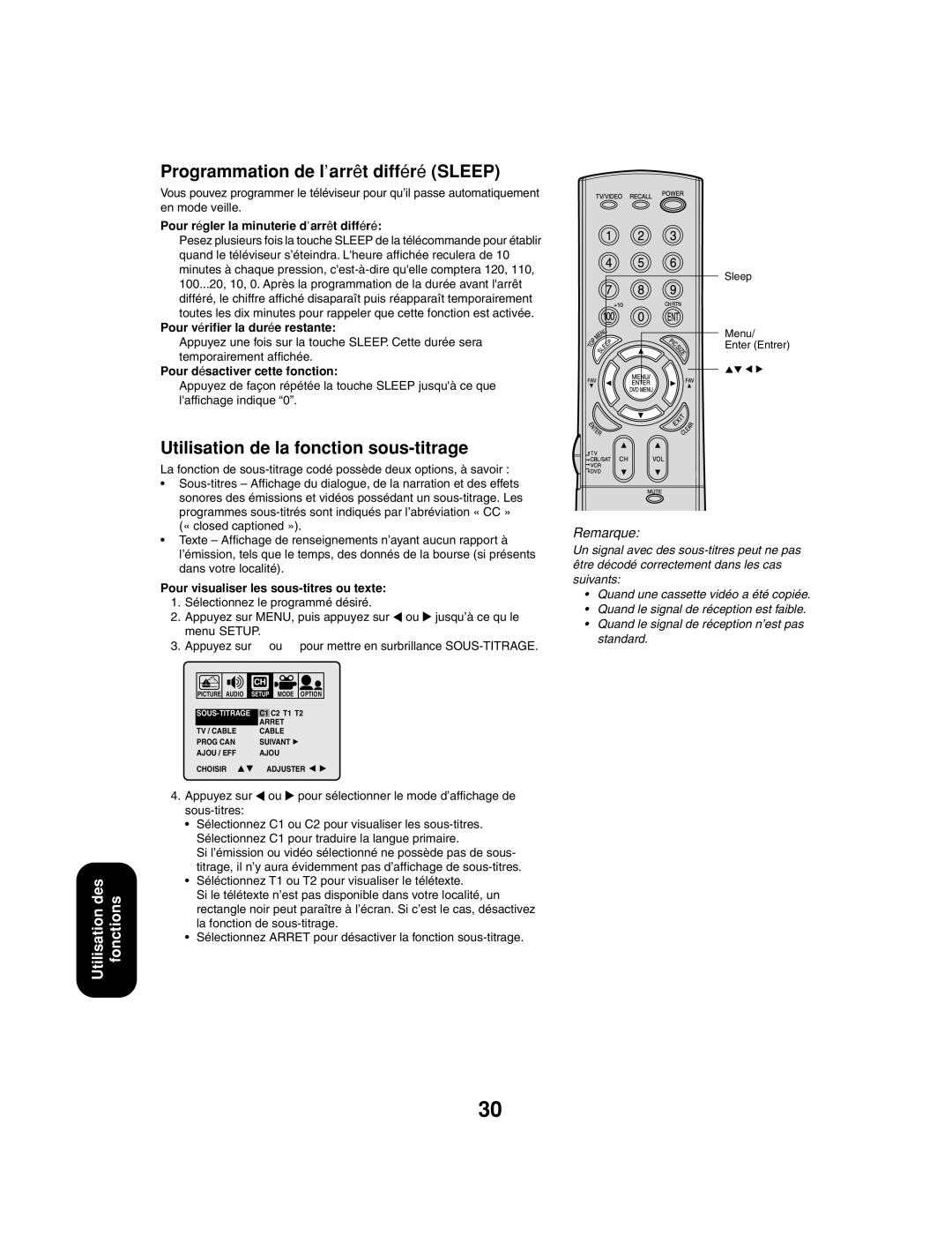 Toshiba 27AF53 appendix Programmation de l’arrêt différé Sleep, Utilisation de la fonction sous-titrage 