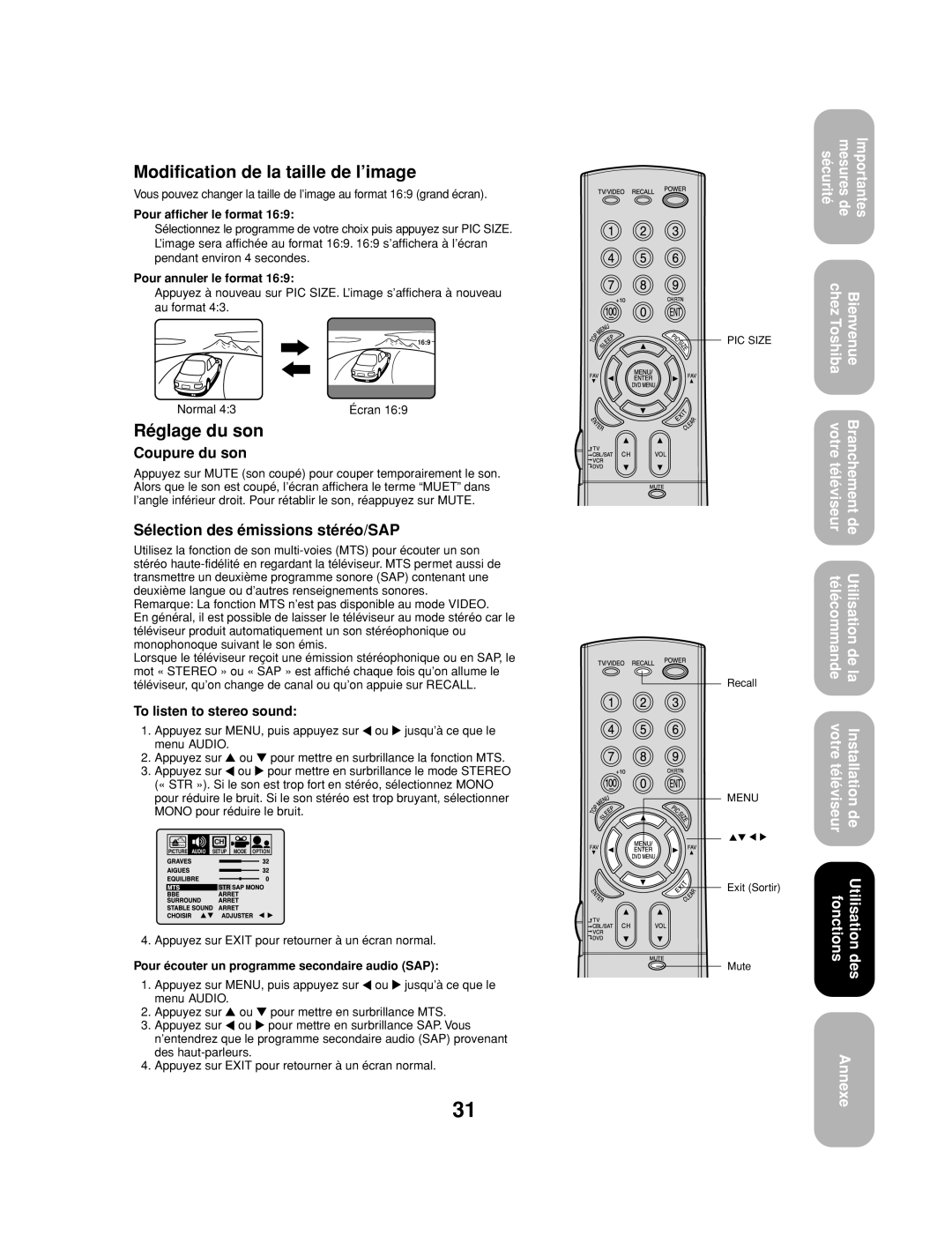 Toshiba 27AF53 Modification de la taille de l’image, Réglage du son, Coupure du son, Sélection des émissions stéréo/SAP 