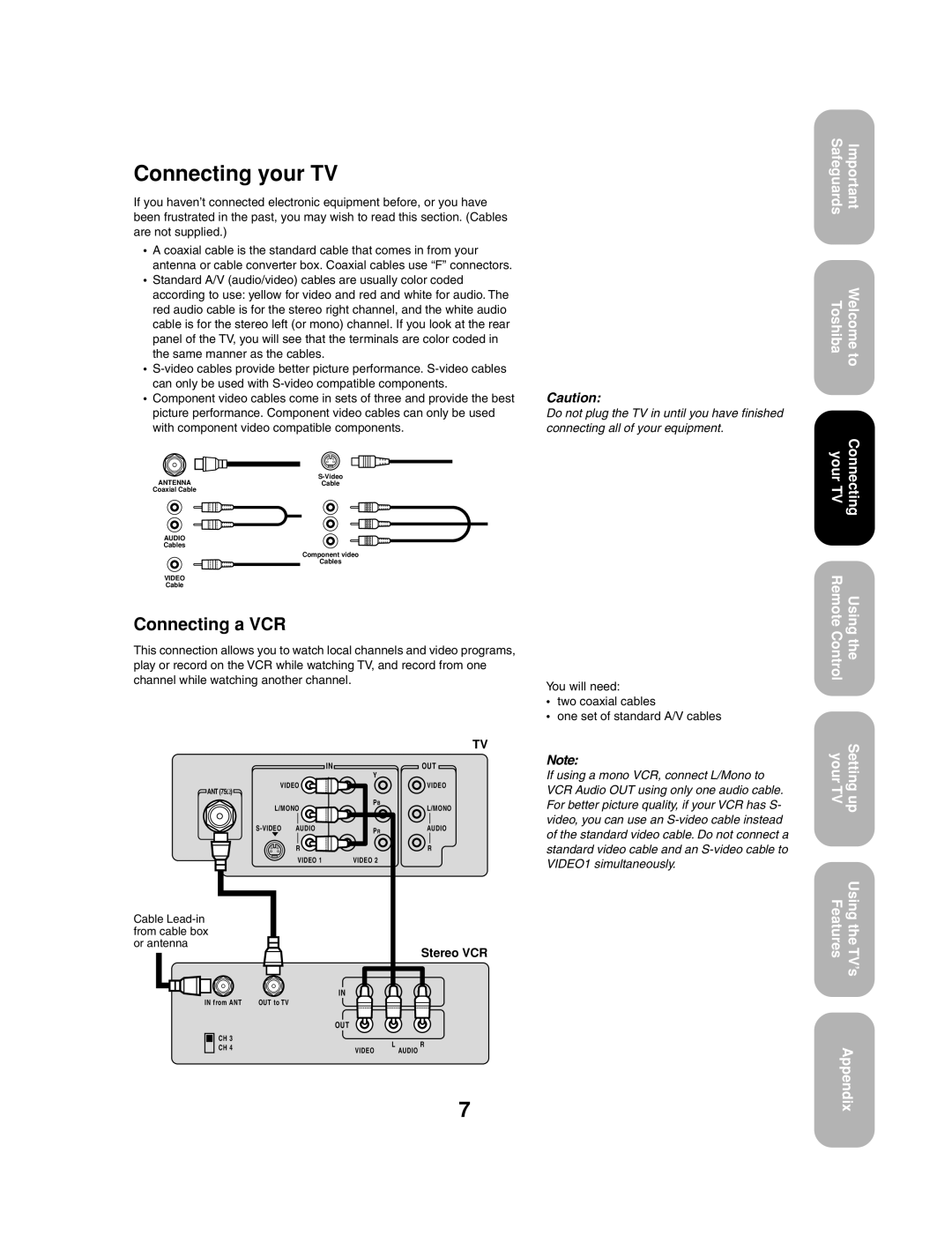Toshiba 27AF53 appendix Connecting your TV, Connecting a VCR, With component video compatible components, Stereo VCR 