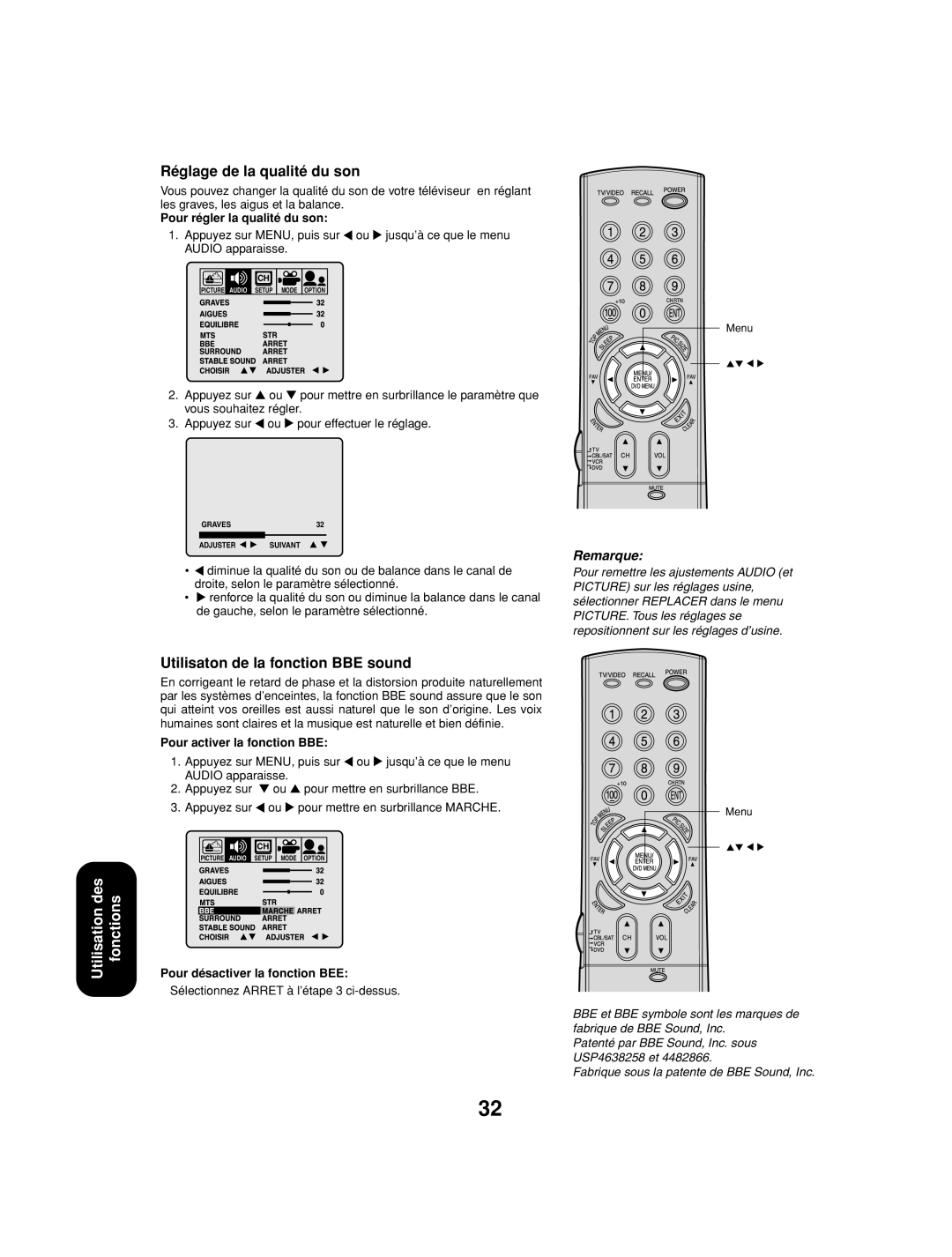 Toshiba 27AF53 appendix Réglage de la qualité du son, Utilisaton de la fonction BBE sound, Pour régler la qualité du son 